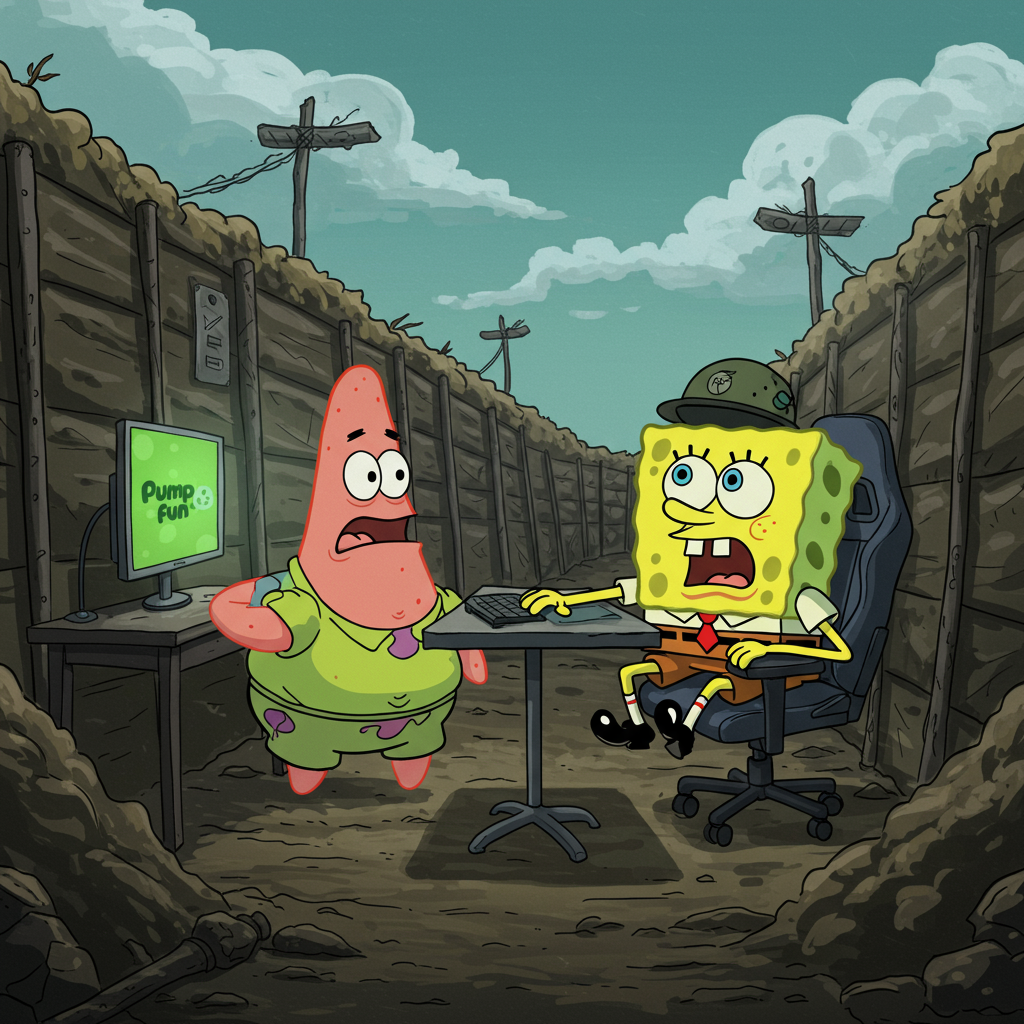 Spongebob and Patrick in a trench